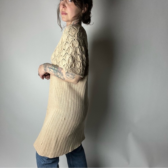 Y2K GAP Cotton Longline Short Sleeve Beige Crochet Cardigan Womens Small - Picture 3 of 8
